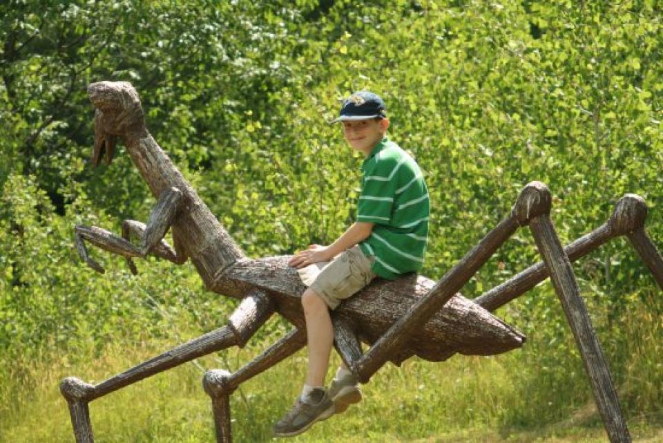 Boy on praying mantis sculpture at Griffis Sculpture Park