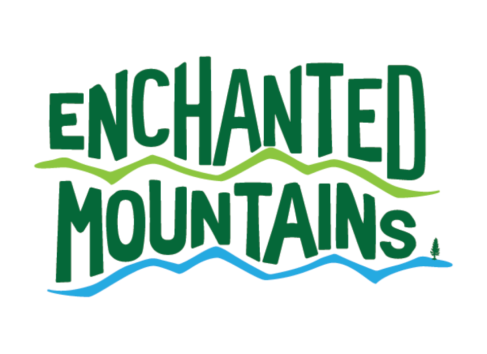 Green and blue colored Enchanted Mountains logo with border and glow